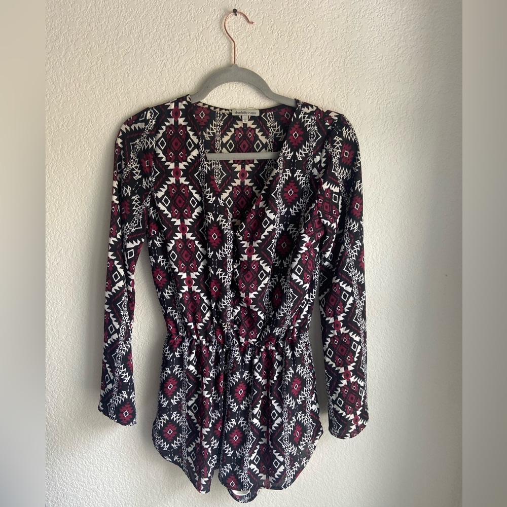 Charlotte Russe Bohemian Style Tribal Print Button Up Long Sleeve Romper